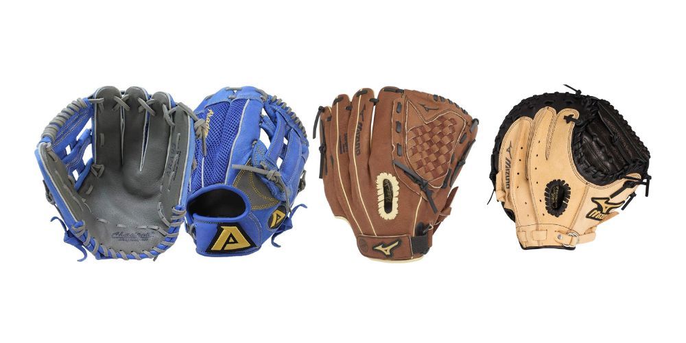 Three baseball gloves are lined up next to each other on a white background.