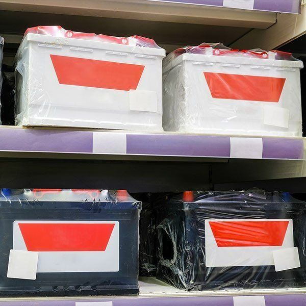 Car Batteries on Display Shelves — Paul’s Tyres & Farm Maintenance in Gilgandra, NSW