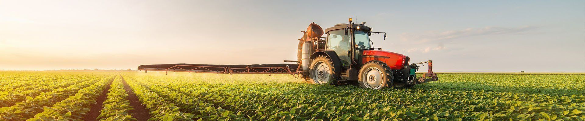 A Red Tractor Spraying a Green Crop Field Under a Bright Sky — Paul’s Tyres & Farm Maintenance in Apsley, NSW