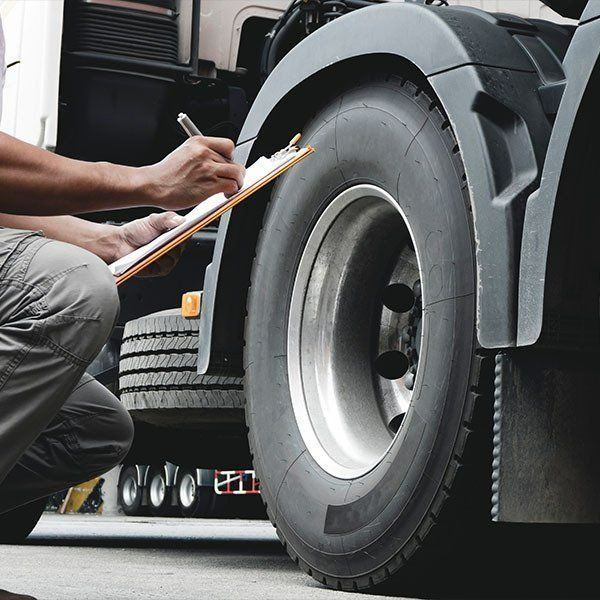 Person Inspecting a Truck Tire — Paul’s Tyres & Farm Maintenance in Apsley, NSW