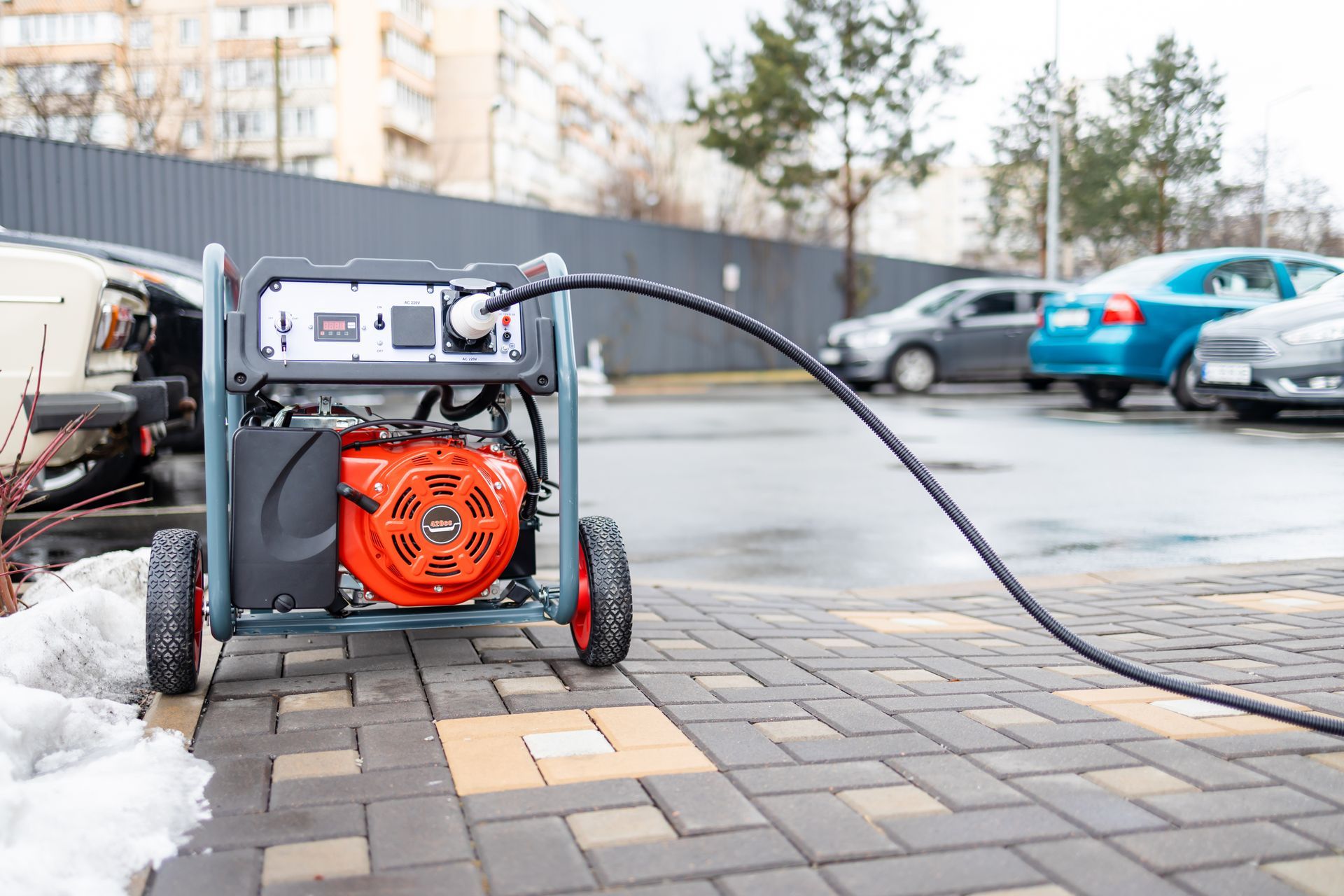 A generator is plugged into a car in a parking lot.