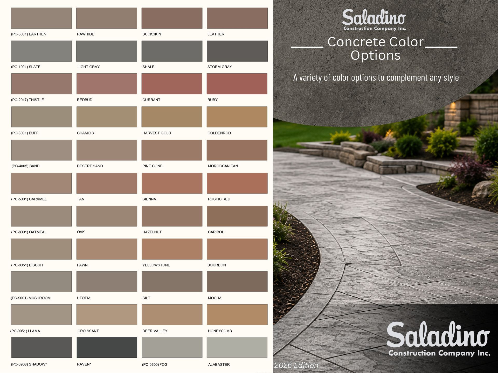 Saladino concrete color options chart beside a photo of a curved light-gray garden walkway