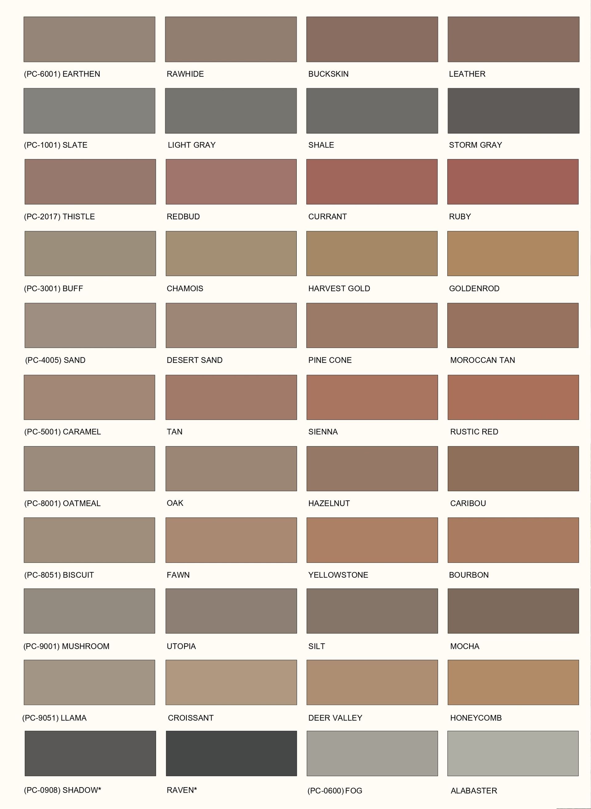 Grid of small color swatches with hex labels, showing neutral, brown, gray, and muted warm tones.