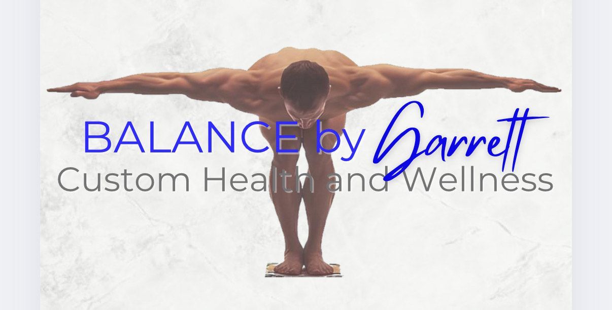 "Balance Fitness" logo on a blue background; "Custom Health and Performance" text below.