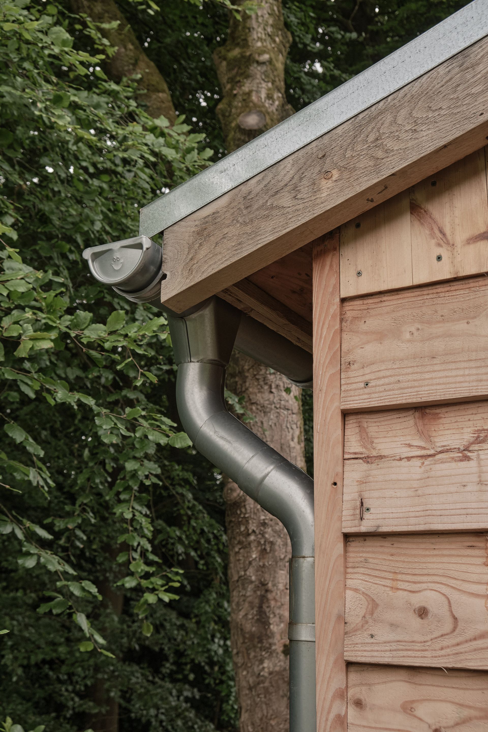 detail of garden room external corner, showing timber cladding details, oak barge board and galvanised steel gutter