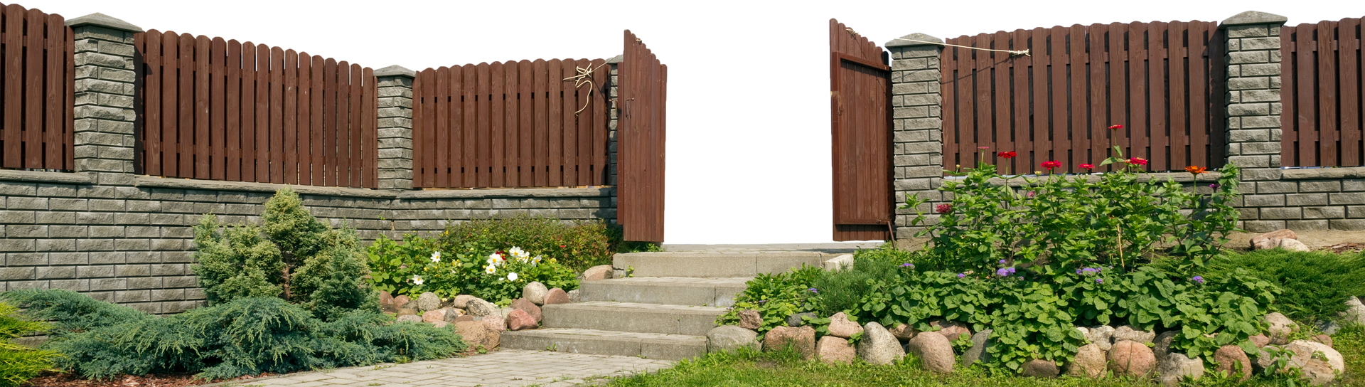 Exit from paradise concept. Open wicket in a solid wooden fence.The fence encloses a beautiful summer garden. Isolated on top with patch.