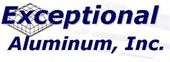 A blue and white logo for exceptional aluminum inc.