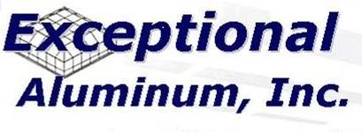 A blue and white logo for exceptional aluminum inc.