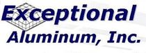 A blue and white logo for exceptional aluminum inc.