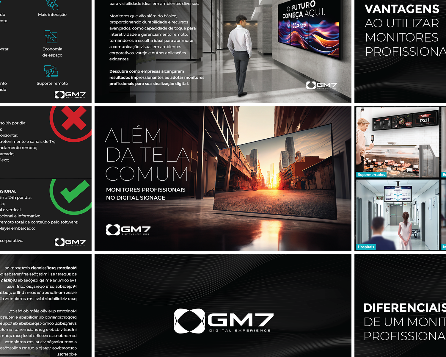 Un hombre camina por un pasillo frente a una pantalla que dice GM7.