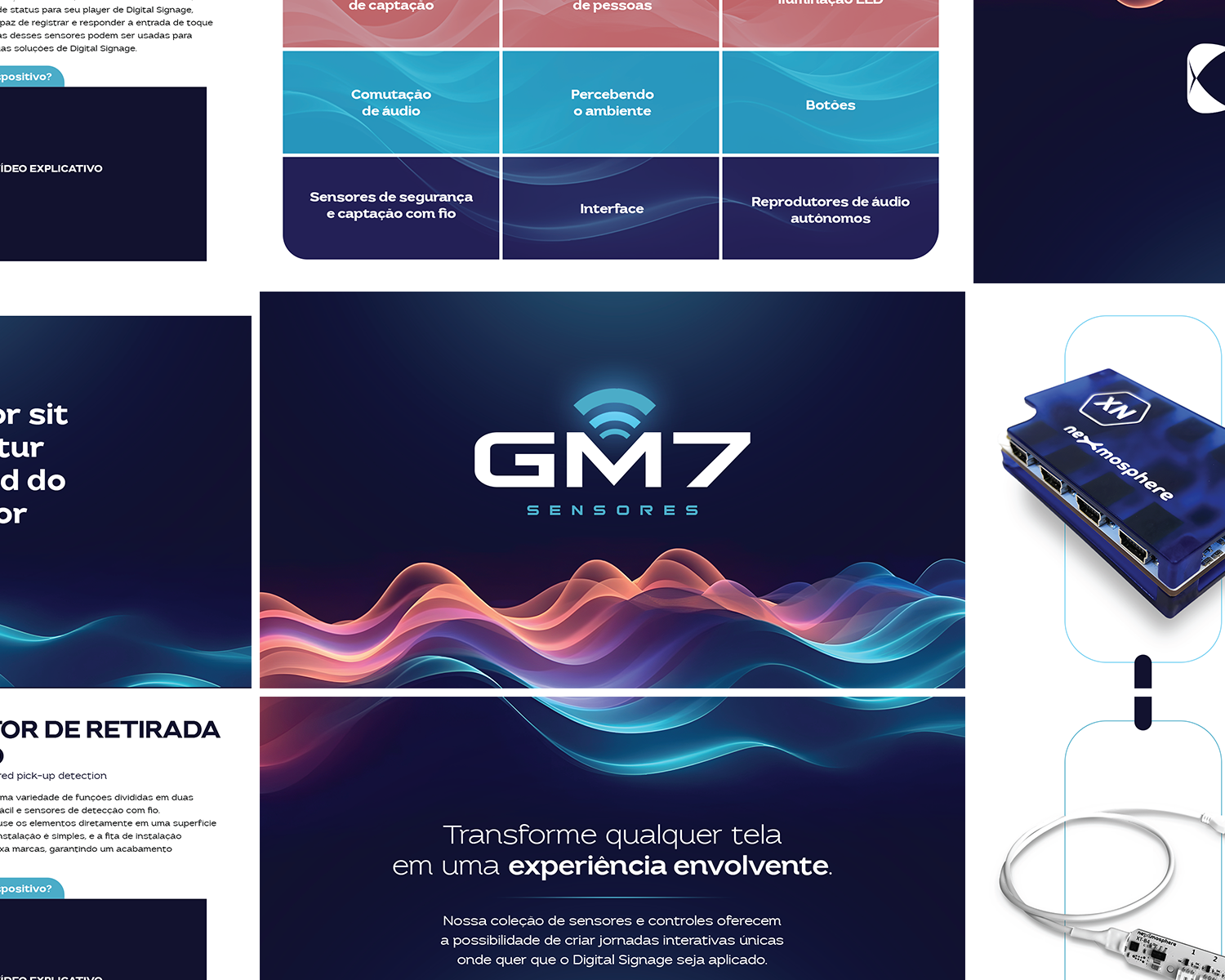 Un collage de productos GM7 que incluye un llavero.