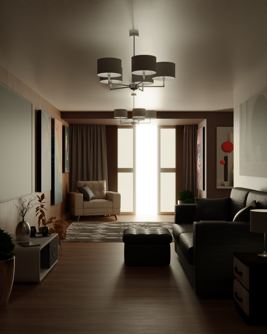 Una sala de estar con un sofá, un sillón y una lámpara de araña.