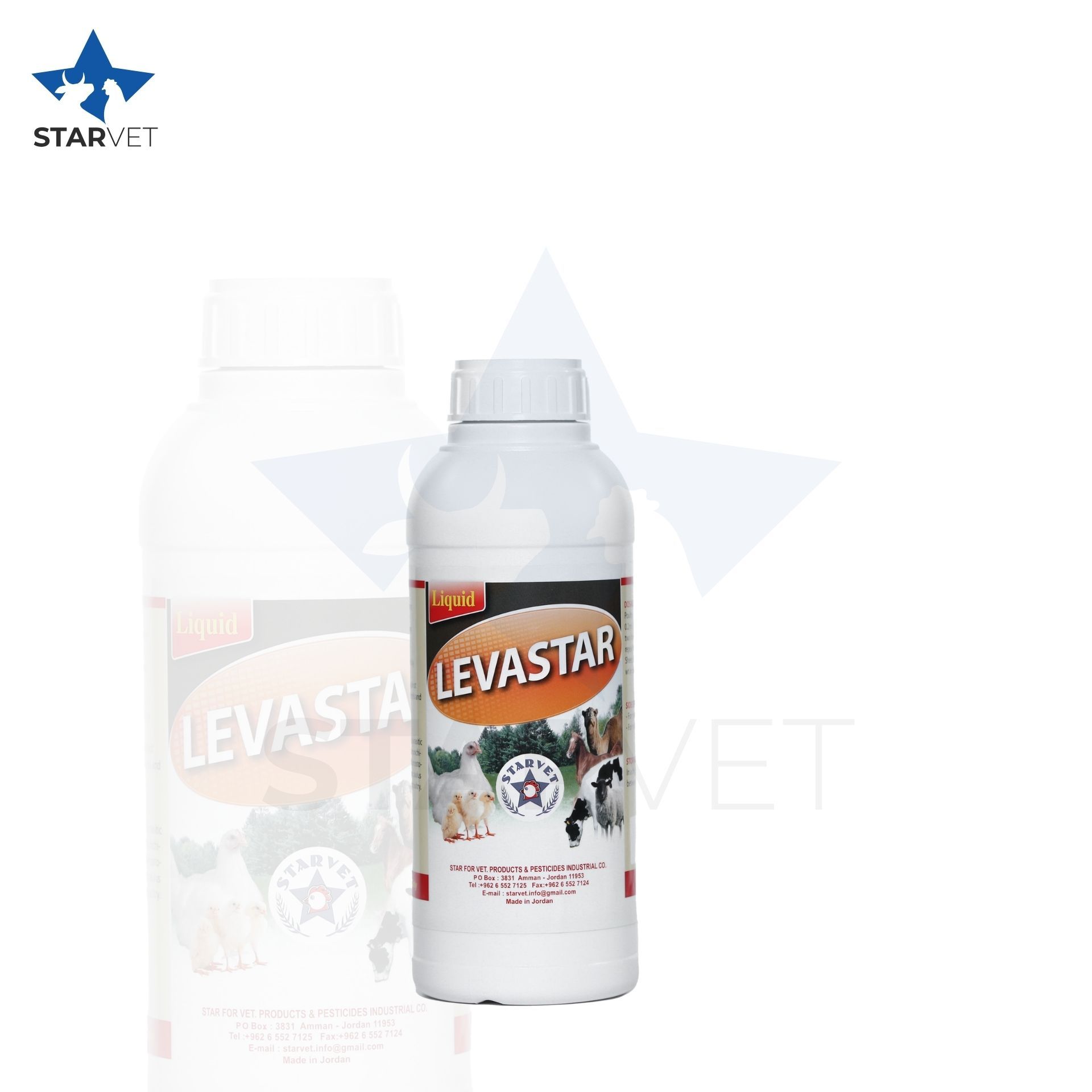 Bottle of LEVASTAR animal health supplement with various animals depicted on the label.