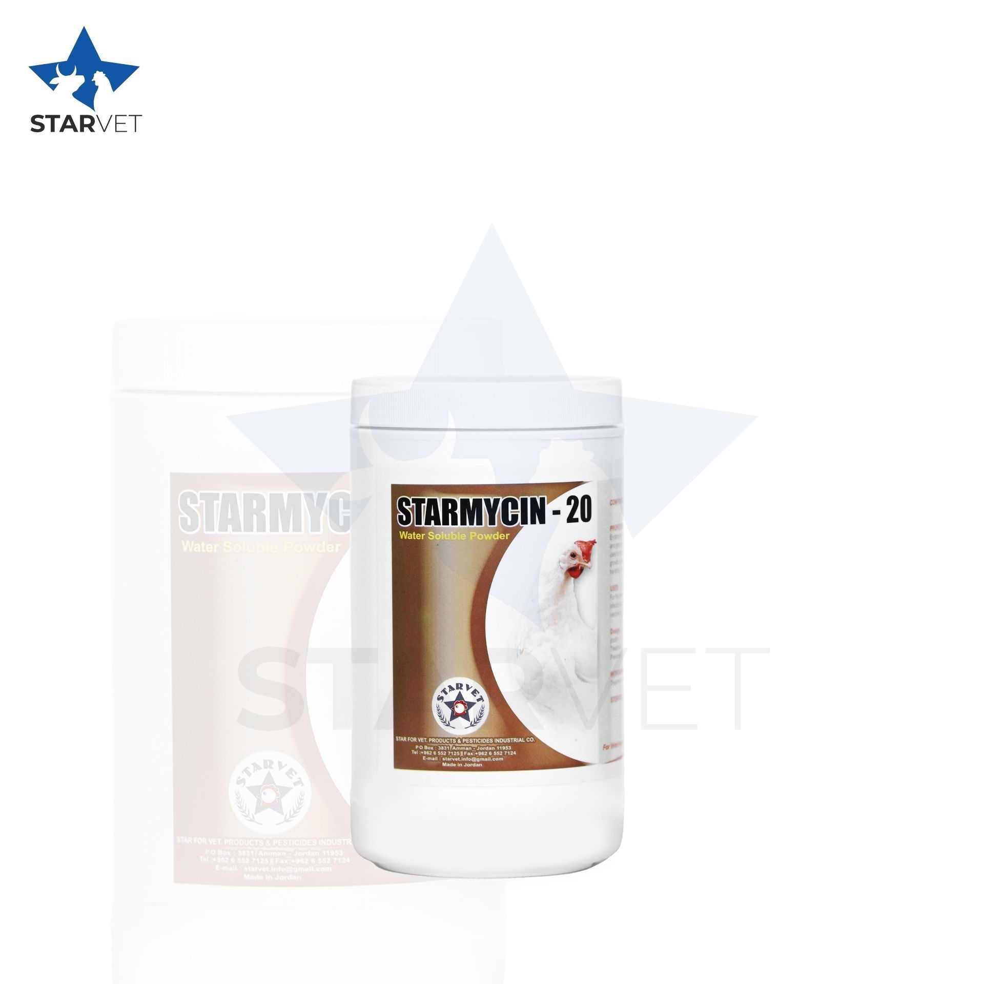 A cylindrical container of StarVet StarMycin-20 for chickens, with a picture of a white chicken.