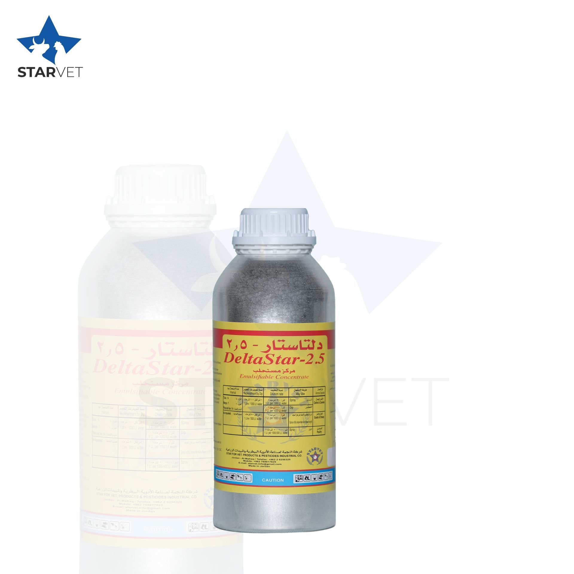 Silver bottle of DeltaStar 2.5 pesticide with yellow label and white cap, by Starvet.