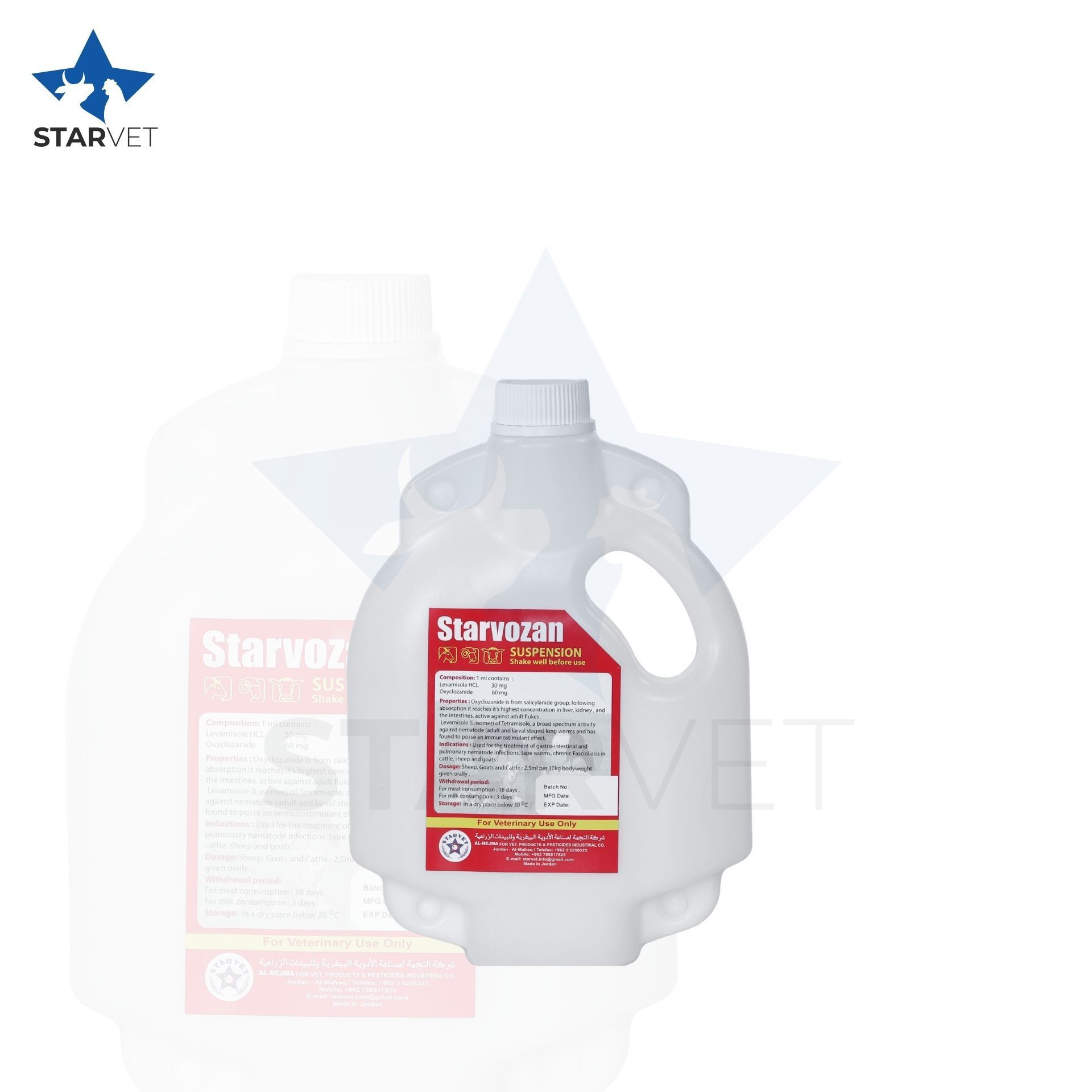 White plastic jug of Starveron S40 disinfectant, red label, white background.