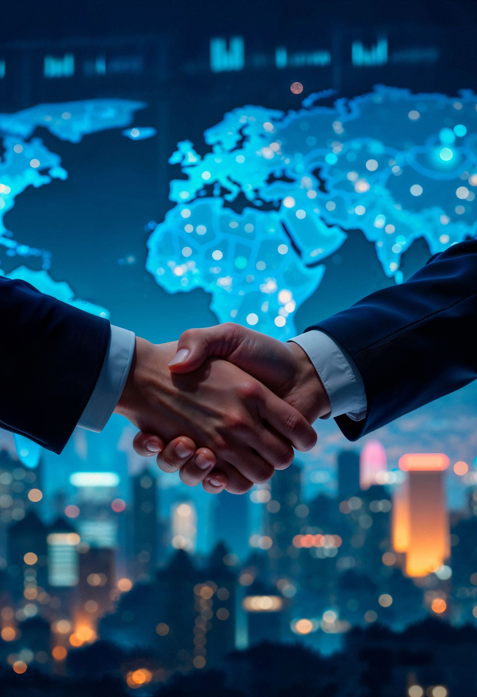 Two business people shaking hands in front of a world map overlay and cityscape.