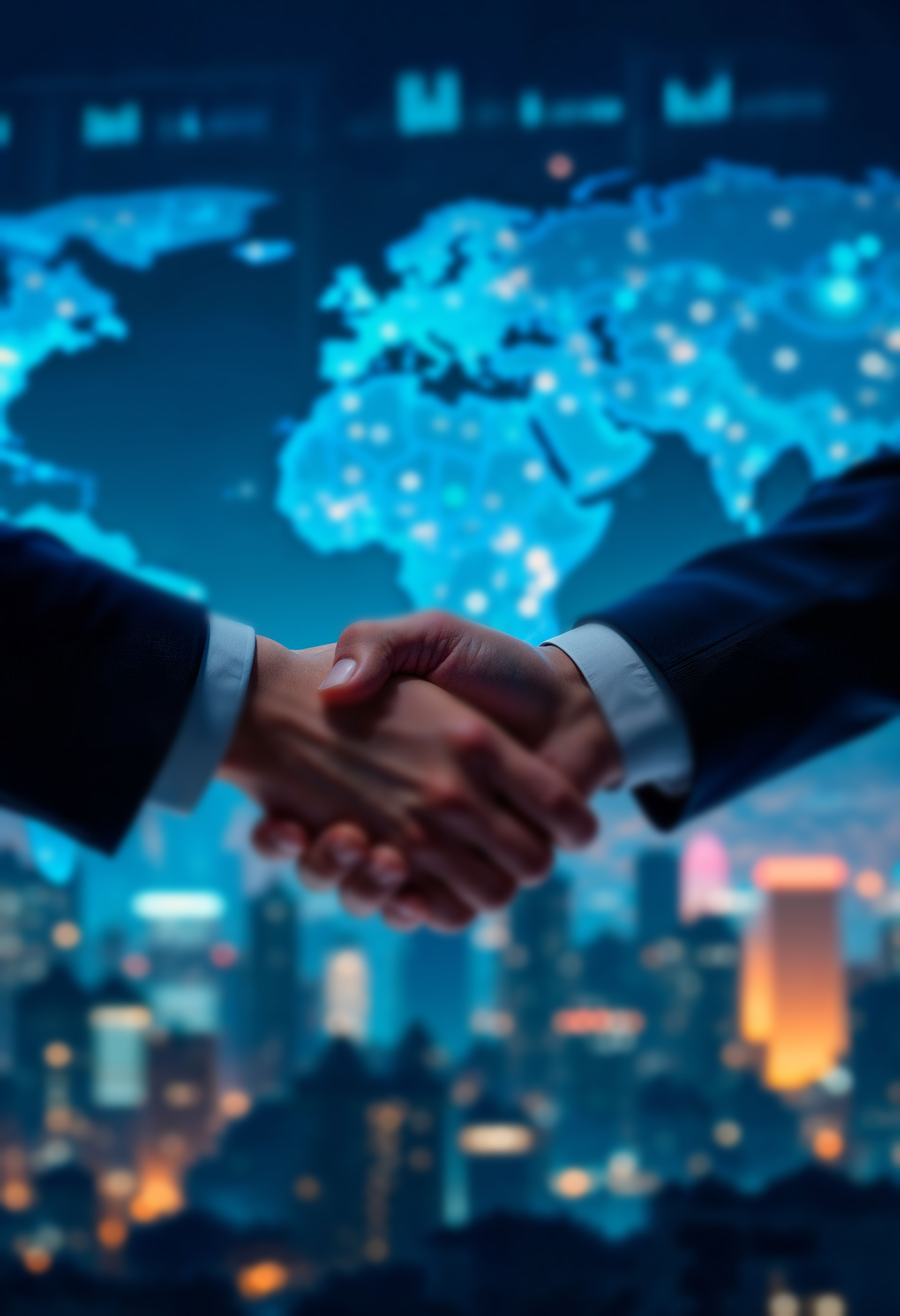 Two business people shaking hands in front of a world map overlay and cityscape.