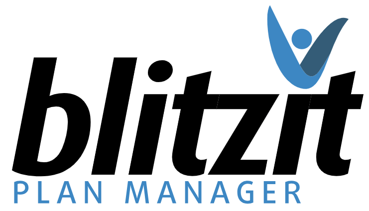 A logo for blitzit plan manager with a blue check mark