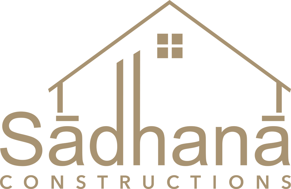 The logo for sadhana constructions is a house with a roof.