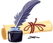 A purple quill pen stands in an inkwell next to a rolled, parchment-style document tied with a red ribbon.