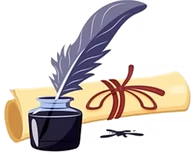 A purple quill pen stands in an inkwell next to a rolled, parchment-style document tied with a red ribbon.