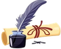 A purple quill pen stands in an inkwell next to a rolled, parchment-style document tied with a red ribbon.