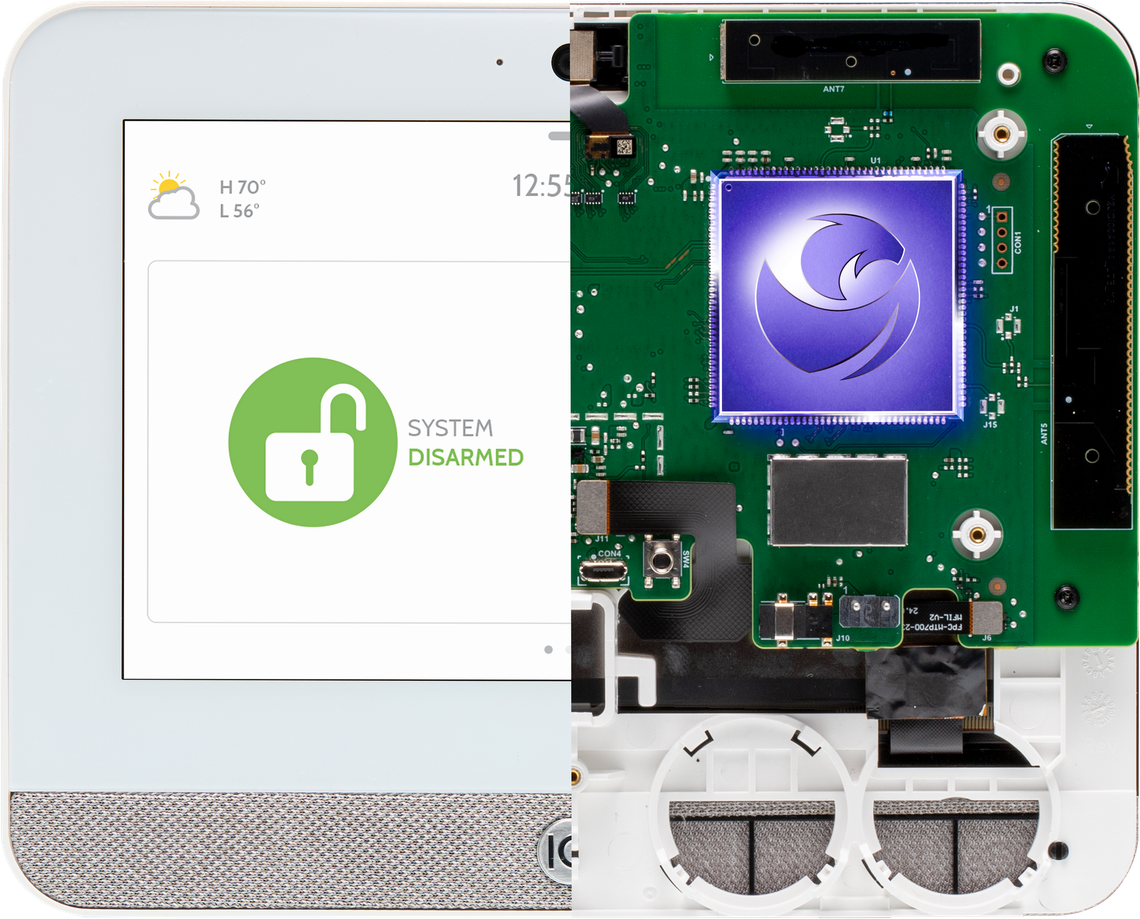 Tablet with green circuit board and purple chip overlaying a screen showing an unlocked padlock icon.