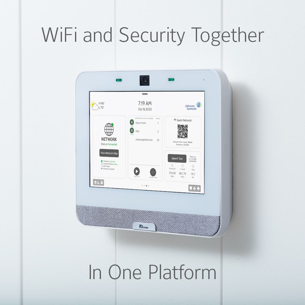 Wall-mounted touchscreen security panel with “WiFi and Security Together” and “In One Platform” text.