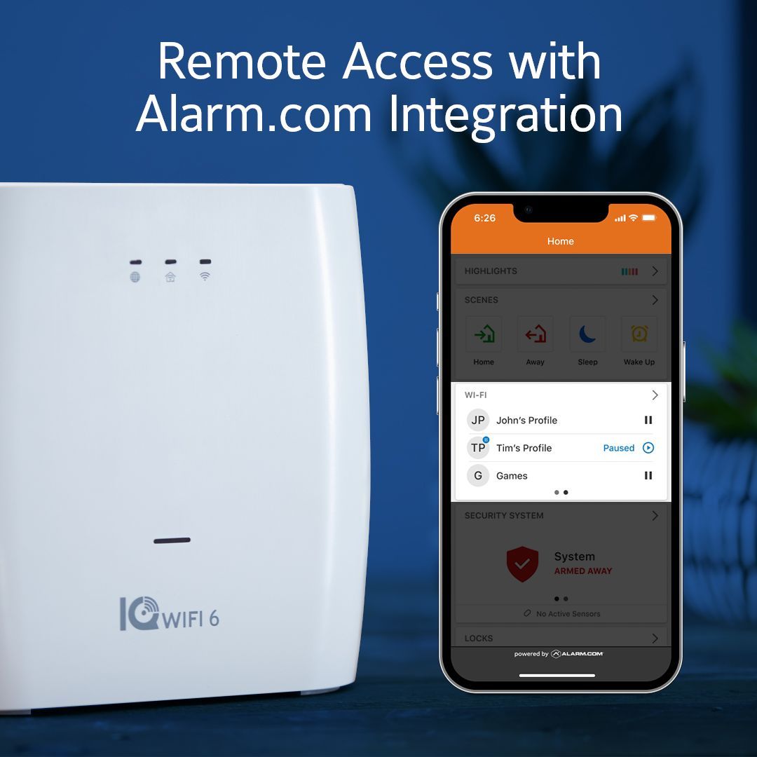 White IQ WiFi 6 security panel beside a smartphone app, with text “Remote Access with Alarm.com Integration”