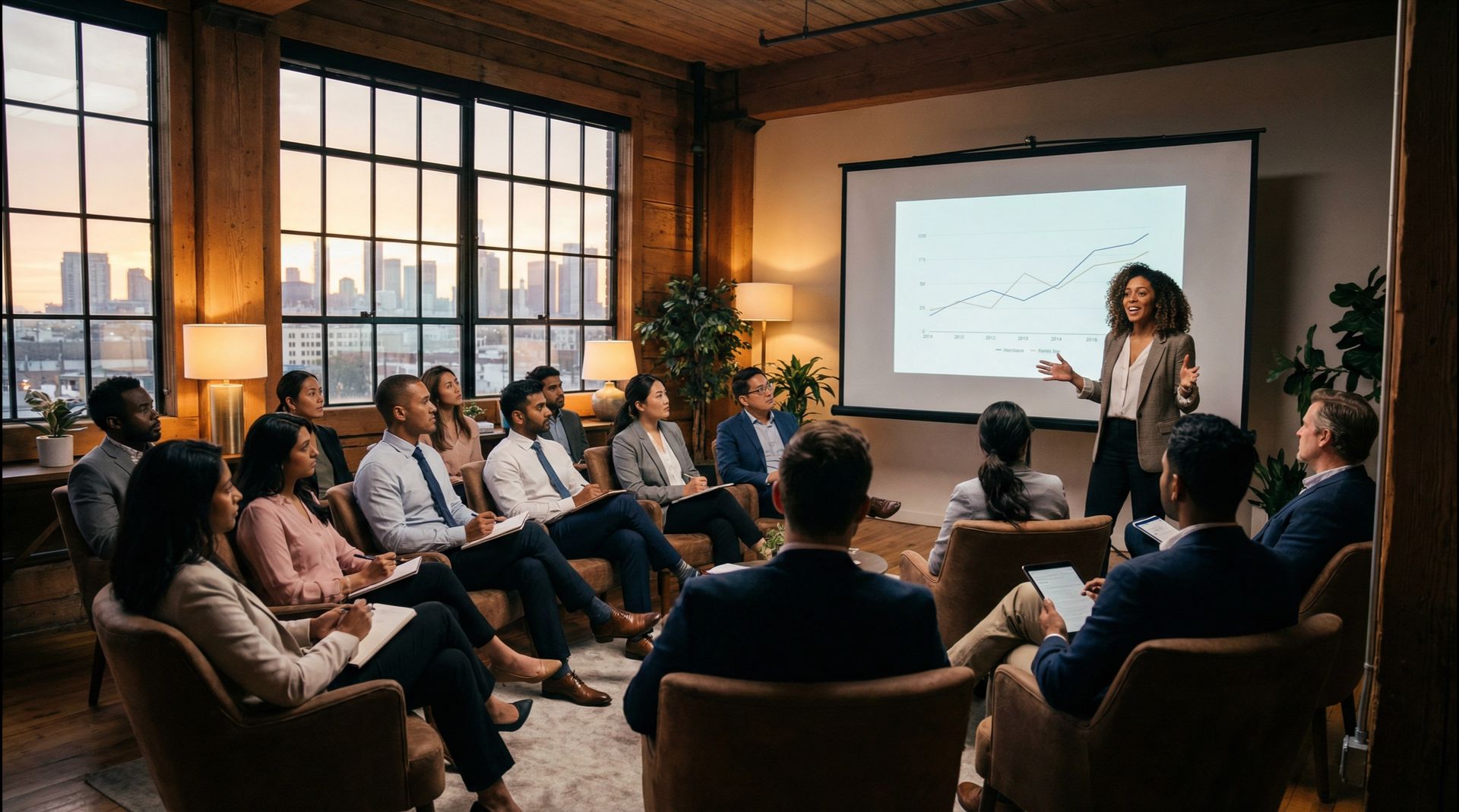 A professional presenter stands before a group in a sunlit office, gesturing toward a chart projected on a wall screen.