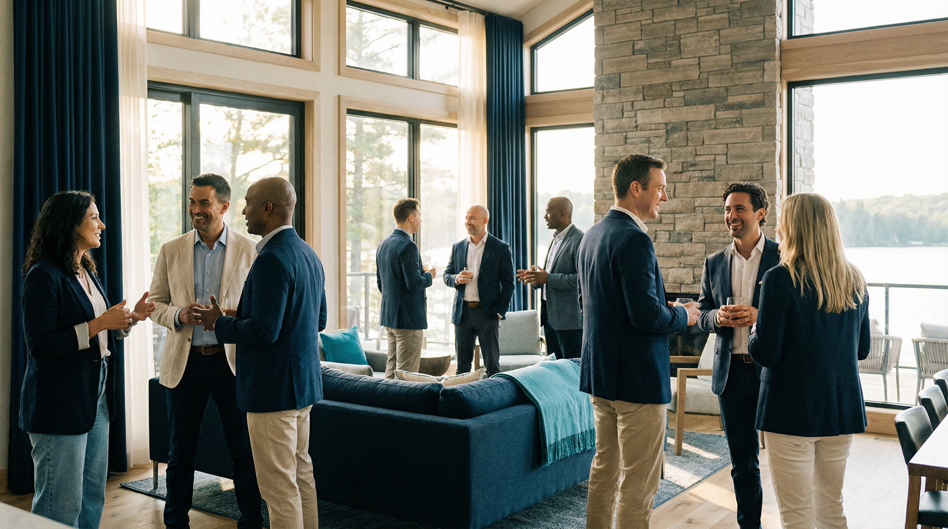 A group of professionals in business casual attire talk and mingle inside a modern living room with large windows.
