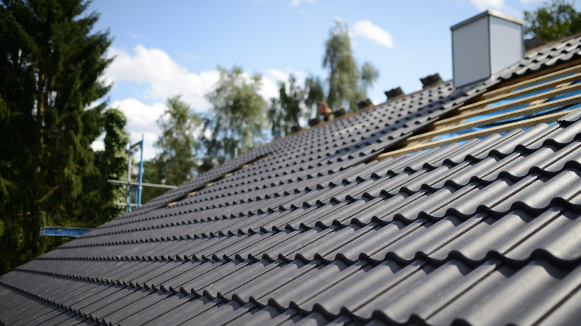 A roof with a lot of tiles on it is being built.