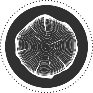 A black and white drawing of a tree stump in a circle.