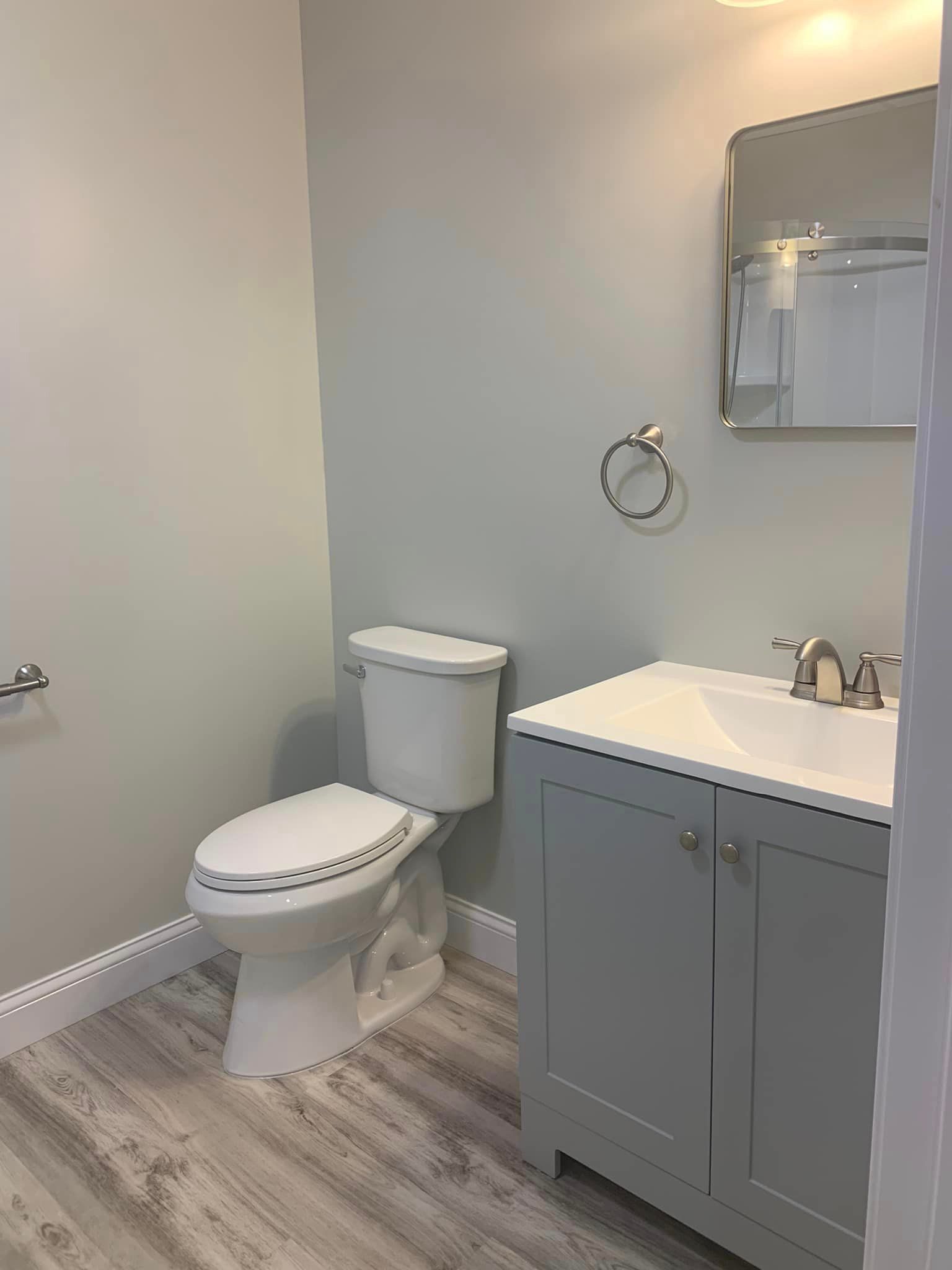 A bathroom with a toilet , sink and mirror.