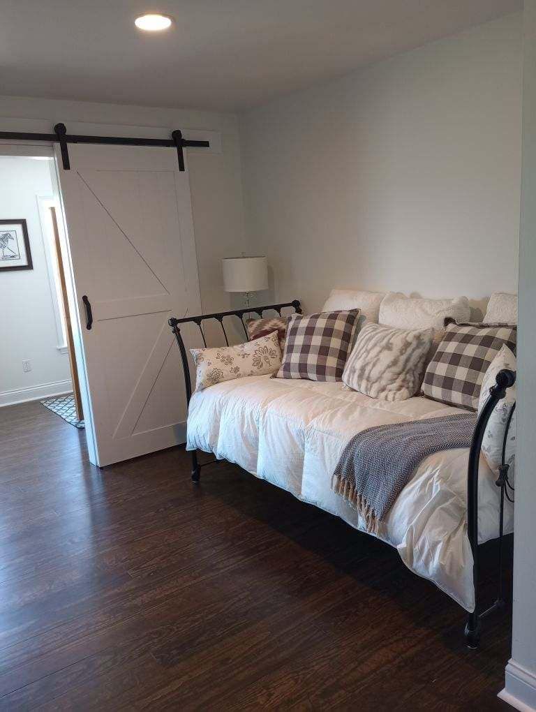 A bedroom with a day bed and a sliding barn door.