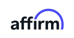 Affirm logo: Black text with a blue semi-circle above the 