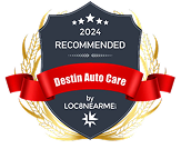 Badge for Destin Auto Care: 2024 Recommended by LOC8NEARME, featuring a shield, banner, and wheat design.