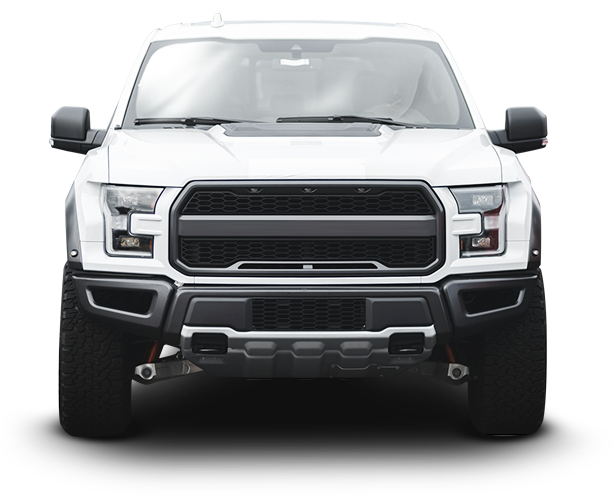 White Ford Raptor truck, front view, black grill and accents.