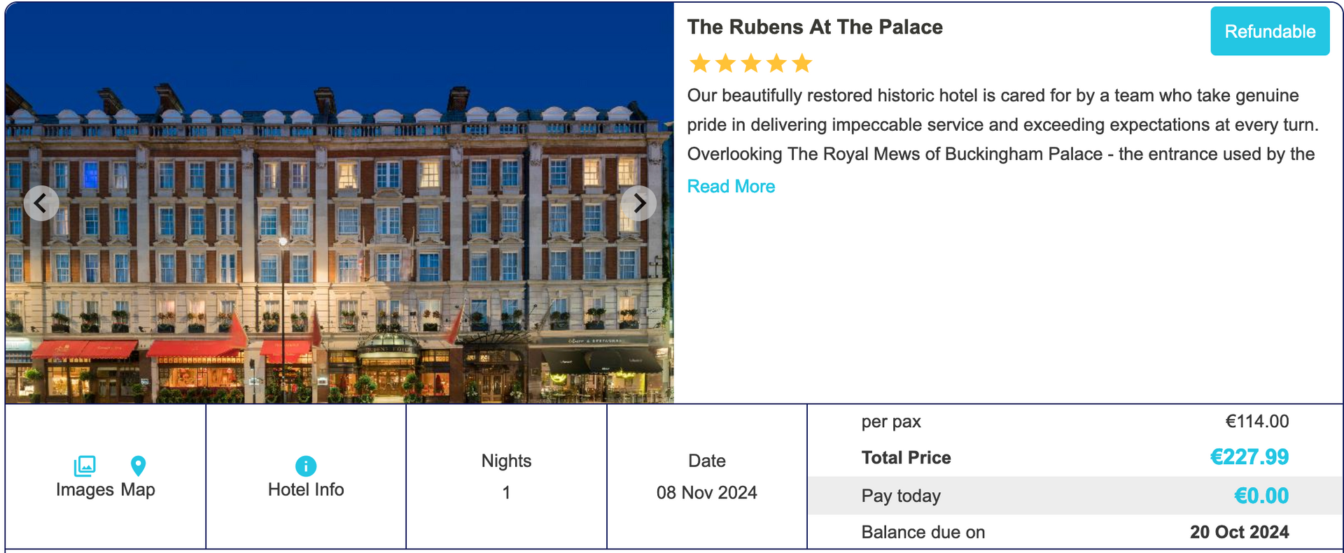 A screenshot of a hotel website with a picture of a building