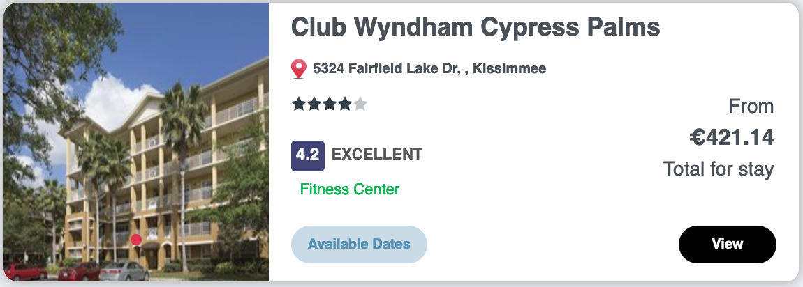 A hotel advertisement for club wyndham cypress palms