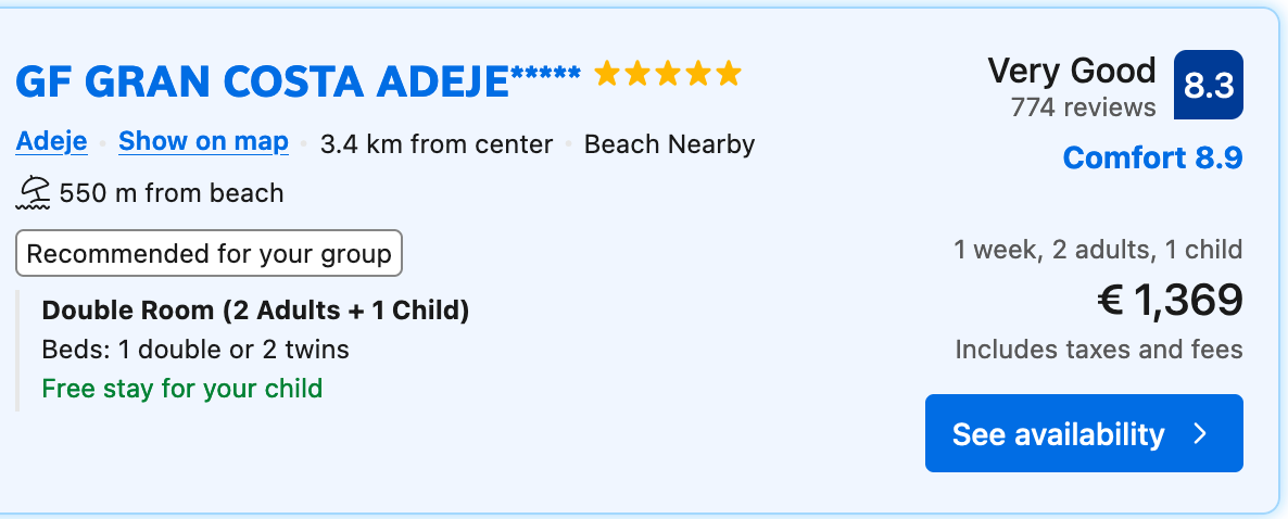An advertisement for gf gran costa adeje is shown