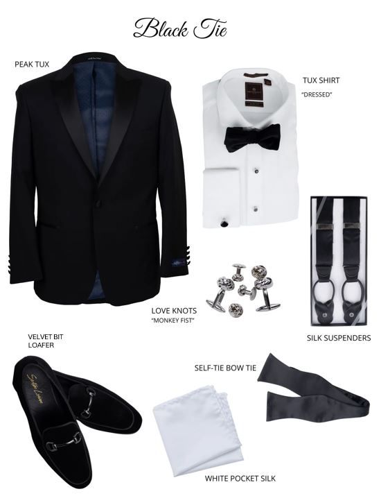 A black tuxedo with a white shirt and black bow tie