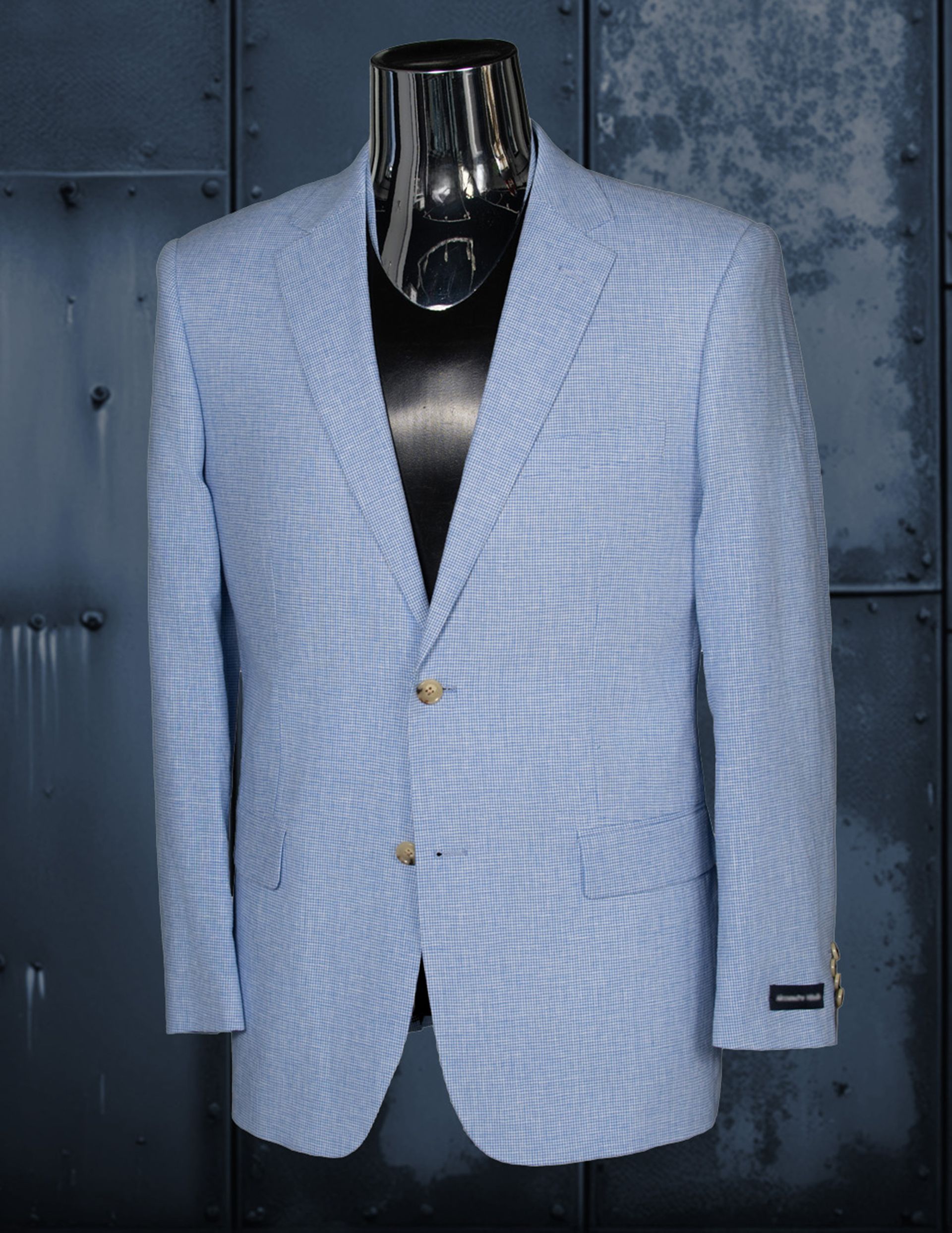 Light blue checkered blazer on a mannequin.