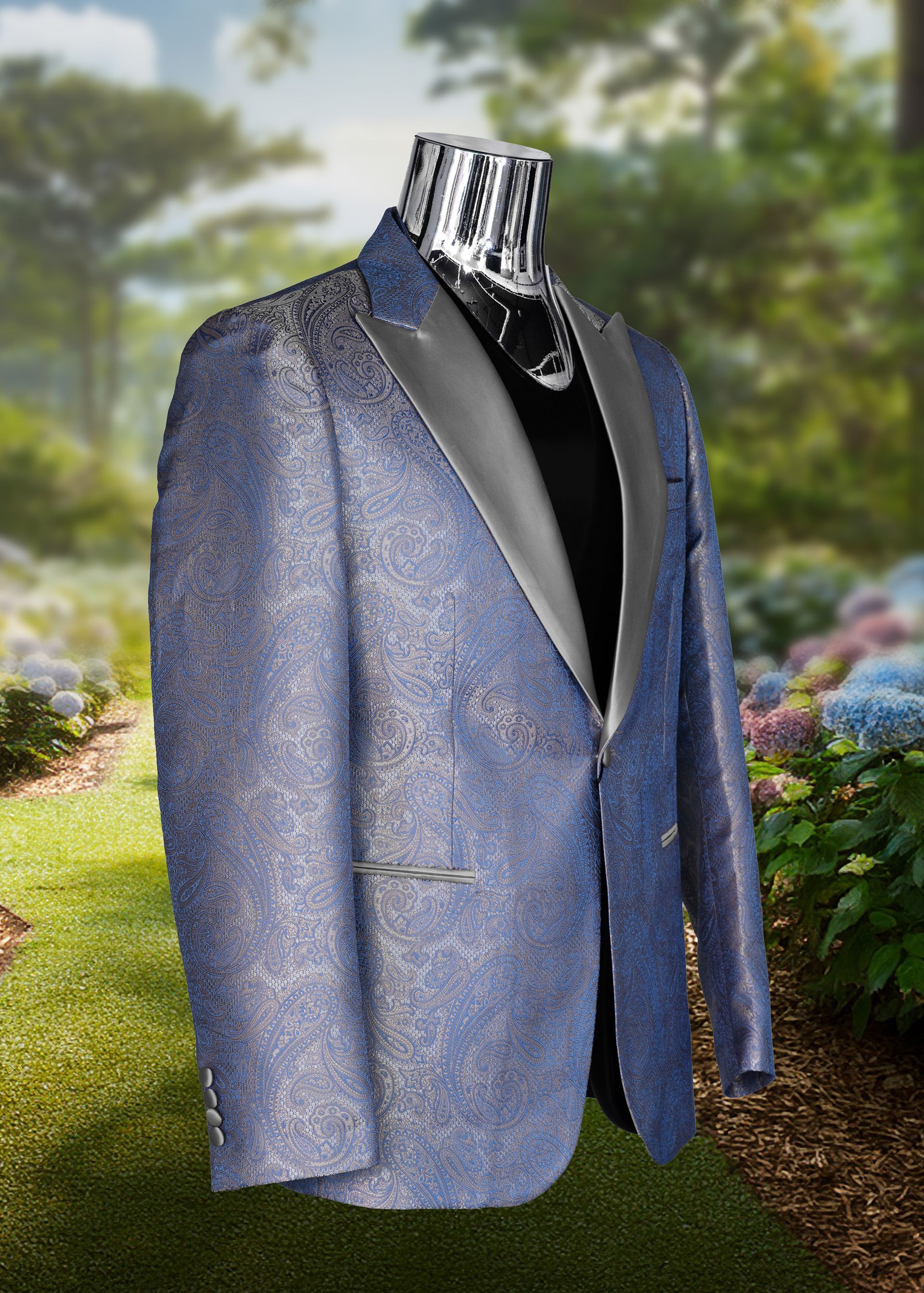 Blue and black formal jacket on a mannequin in a garden setting.