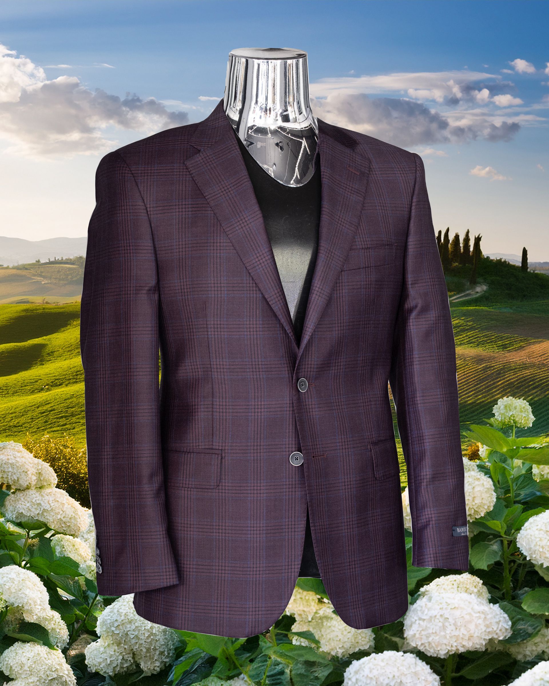 Purple plaid blazer on a headless mannequin, set against a Tuscan landscape.