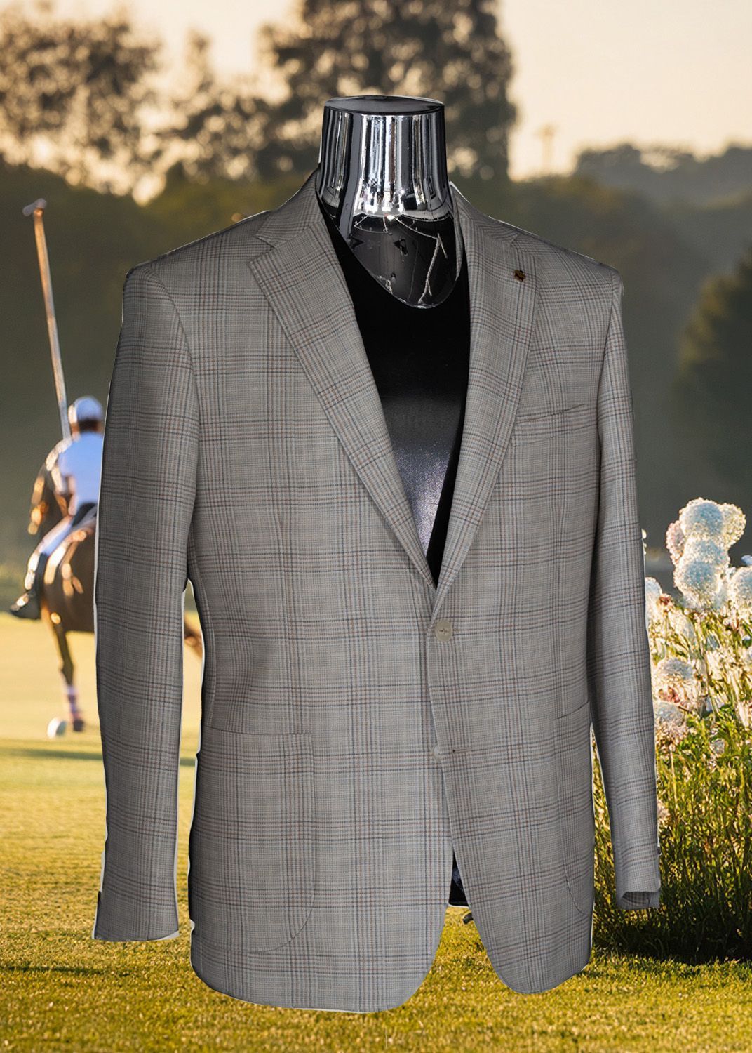 Gray plaid blazer on a mannequin in front of a polo match on a grassy field.