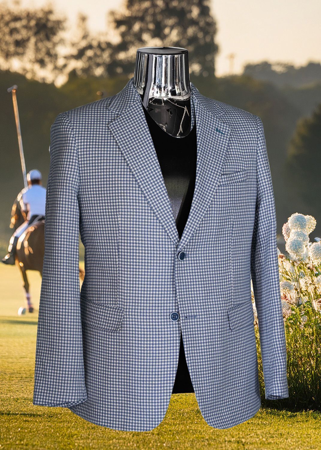 Blue and white checkered blazer on a mannequin, set against a polo field backdrop.