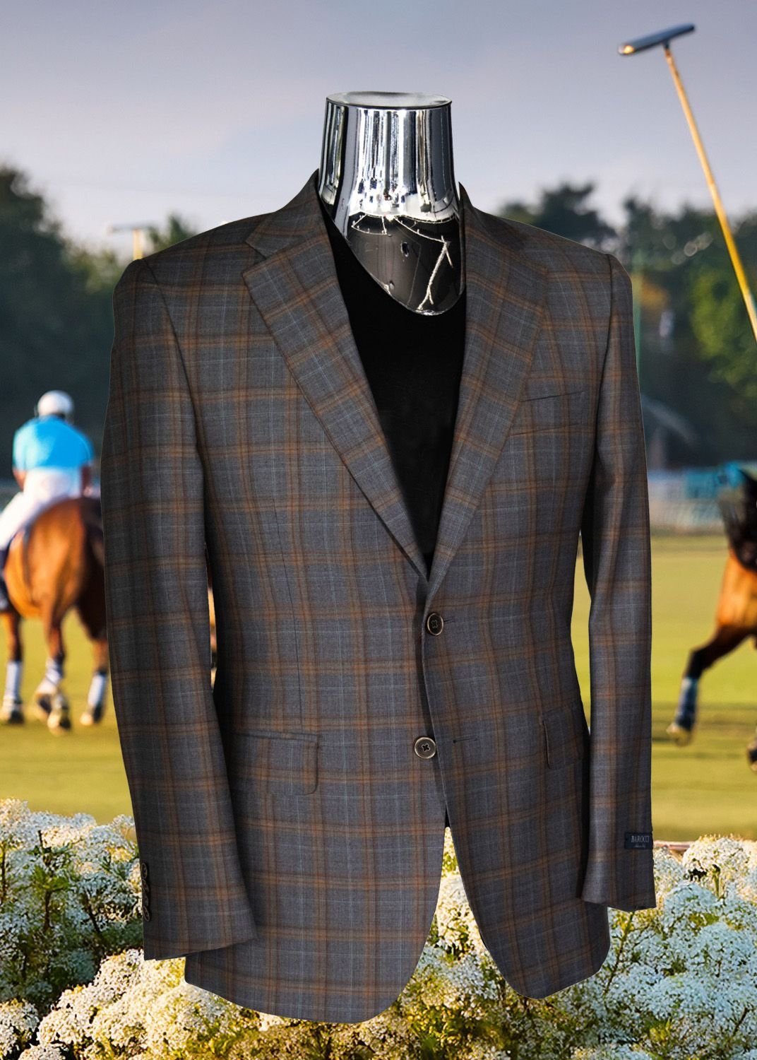 Mannequin wearing a checkered sports coat and black shirt on a polo field.
