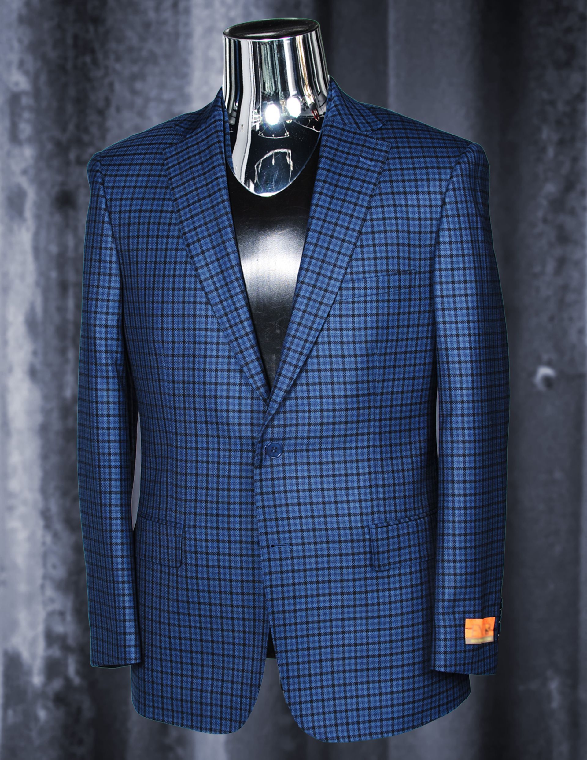 Blue plaid blazer on a mannequin.